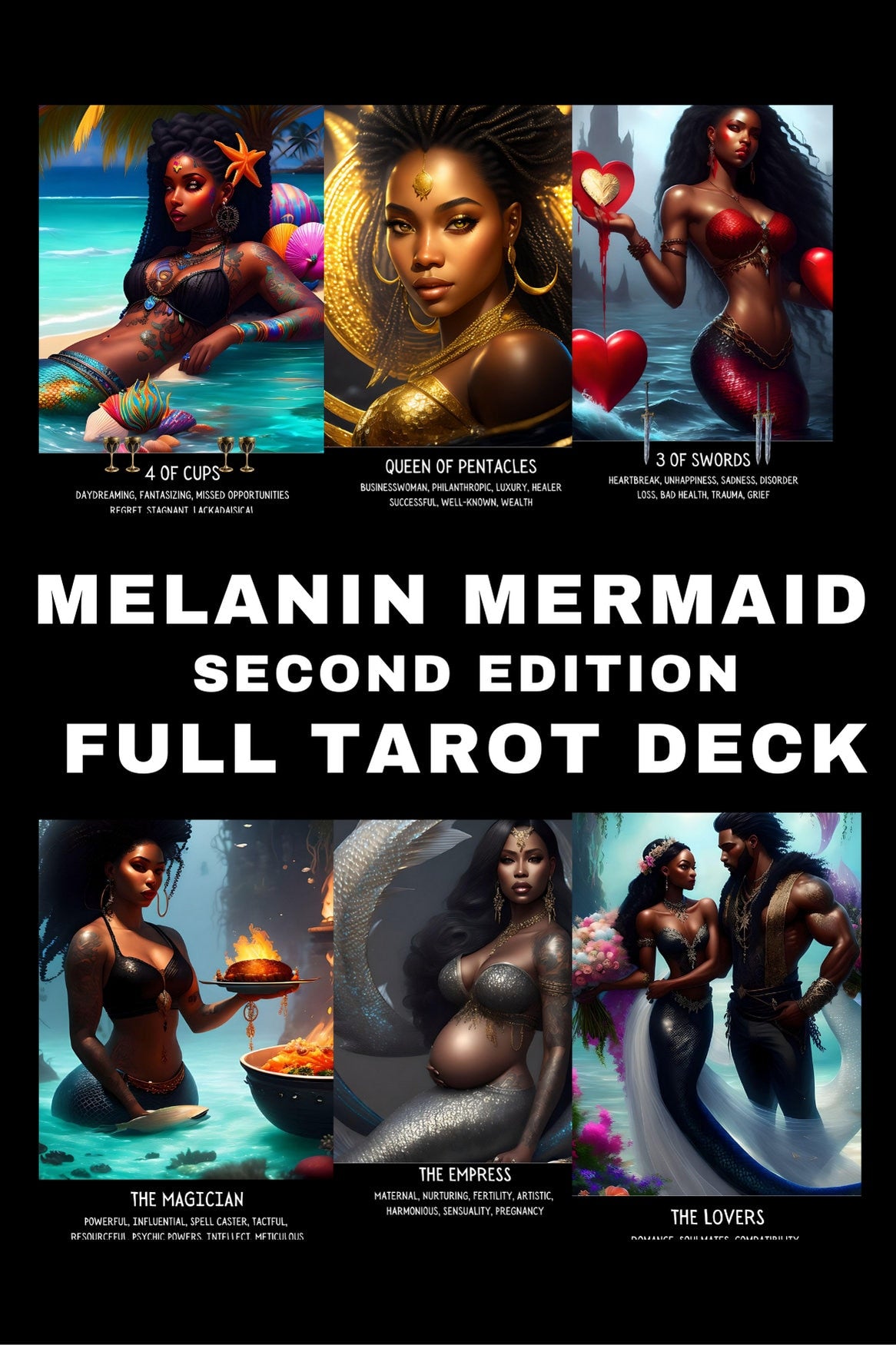 Melanin Mermaids II Tarot Card Deck With Keywords | 78 Tarot Size Cards | Black African American Divination Oracle Cards